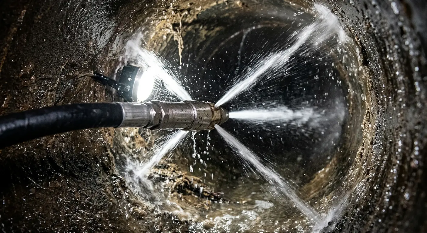 High-pressure hydro jetting nozzle cleaning sewer pipe for Sewer Cleanout in Spanish Lake
