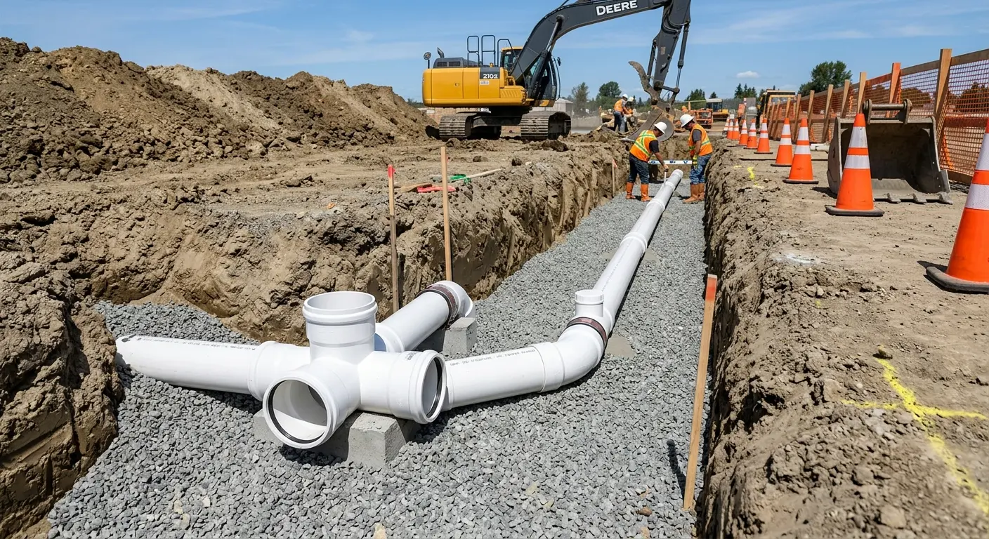New PVC sewer pipe installation in open trench for Commercial Drain Cleaning in Spanish Lake