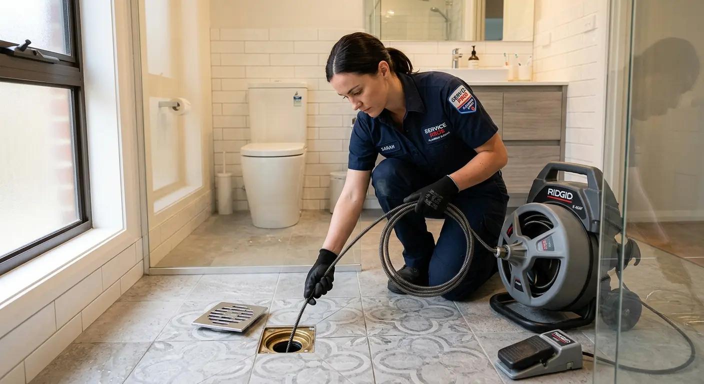 Technician clearing a bathroom floor drain for Hydro Jetting in Spanish Lake
